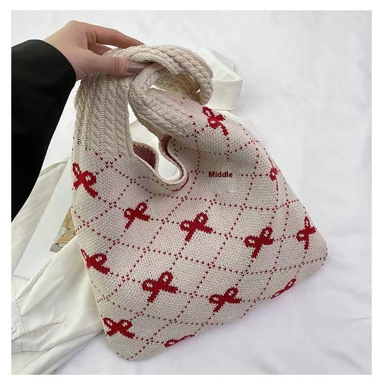 Bow High Sense Light Luxury Minority Shoulder Bag Casual Knitted Woven Bag